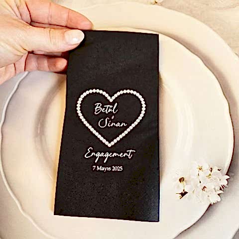 İnci Tasarımlı Kişiye Özel Siyah Peçete