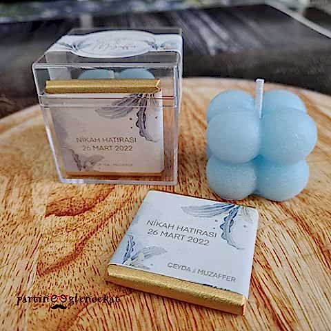 Gold Blue Yapraklı Mika Kutuda Bubble Mum Seti