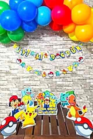 Pokemon Konsept Doğum Günü Balon Zinciri Seti Masa Üstü Pano ve Bannerlı Doğum Günü Süsleme Seti