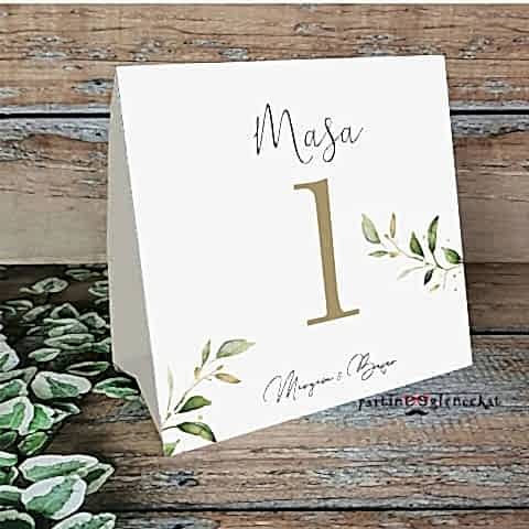 Gold Zeytin Yapraklı Konsept Masa Numara Kartı