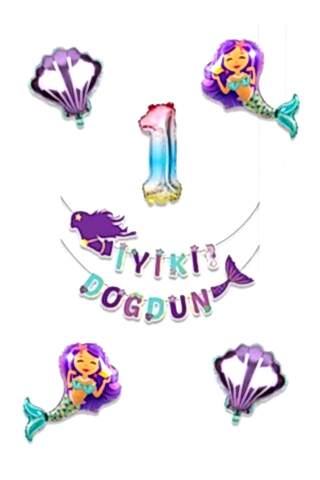 Deniz Kızı Tema Doğum Günü Balon Seti İstiridye Deniz Kızı ve Rakam Balonlu Balon Zinciri Seti