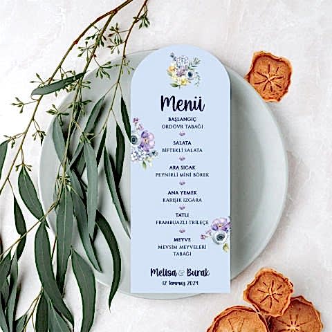 Mavi Lila Çiçekler Konsept Menü Kartı