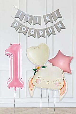 Pembe Soft Renkler İyi Ki Doğdun Banner Pembe Yaş Balon Tavşan Doğum Günü Balon Seti