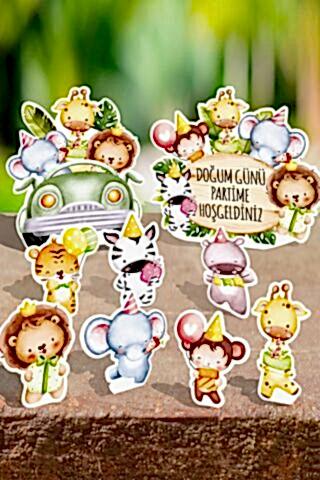 Safari Doğum Günü Ayaklı Pano Seti 9 Parça Masa Üstü Safari Hayvan Süsleri