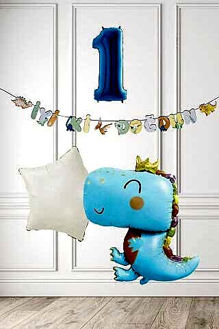 Mavi Dinazor Tema Doğum Günü Balon Süsleme Seti Bannerlı Mavi Yaş Balonlu Dinozor Balon Paketi