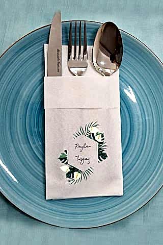 Kumaş Dokulu Cepli Monstera Zambak Konsept İsme Özel Baskılı Peçete