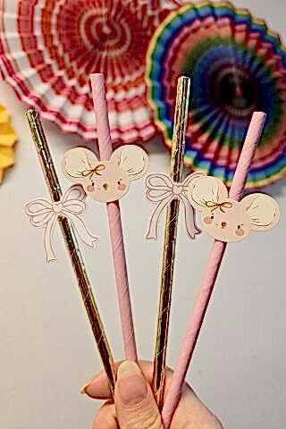 Pembe Fare Pipet Süsleri 10lu Fare Konsept Lüks Pipet Paketi