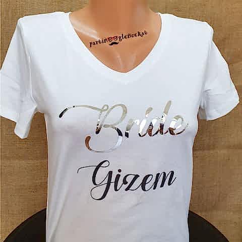 Silver Varaklı Bride Baskılı Beyaz İsme Özel Tshirt